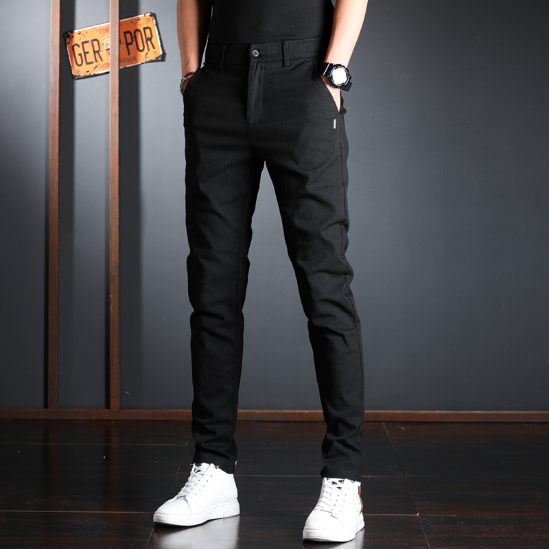 休闲裤男士秋季潮流高端纯黑色男裤韩版修身简约弹力小脚直筒长裤