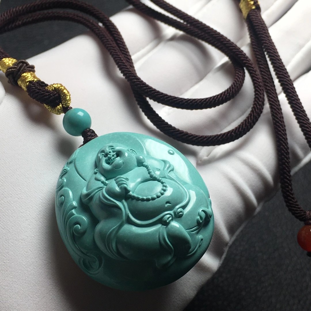 天然原矿高瓷绿松石弥勒吊坠项坠男女女雕挂件颈饰