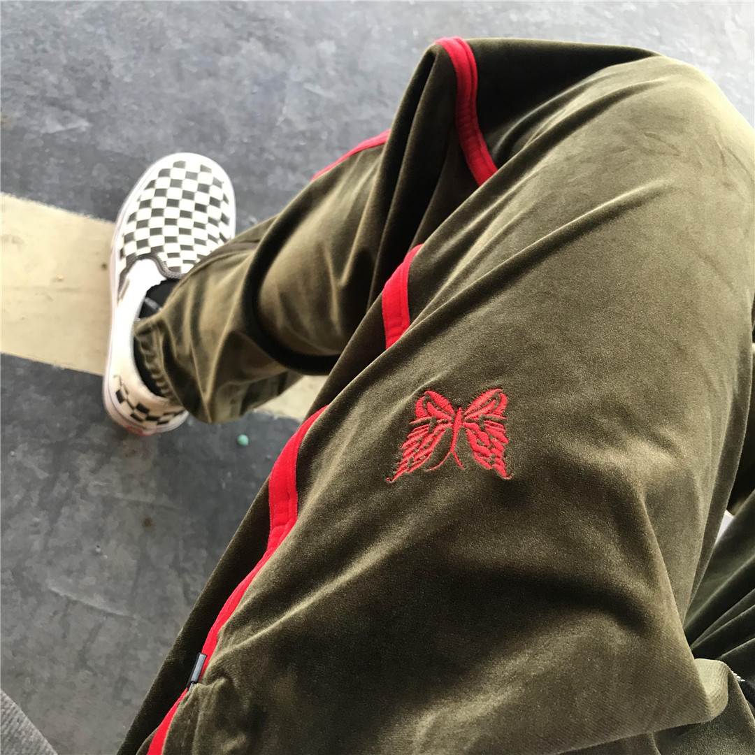 正确needles蝴蝶刺绣高街风织带丝绒绒裤宽松休闲休闲裤