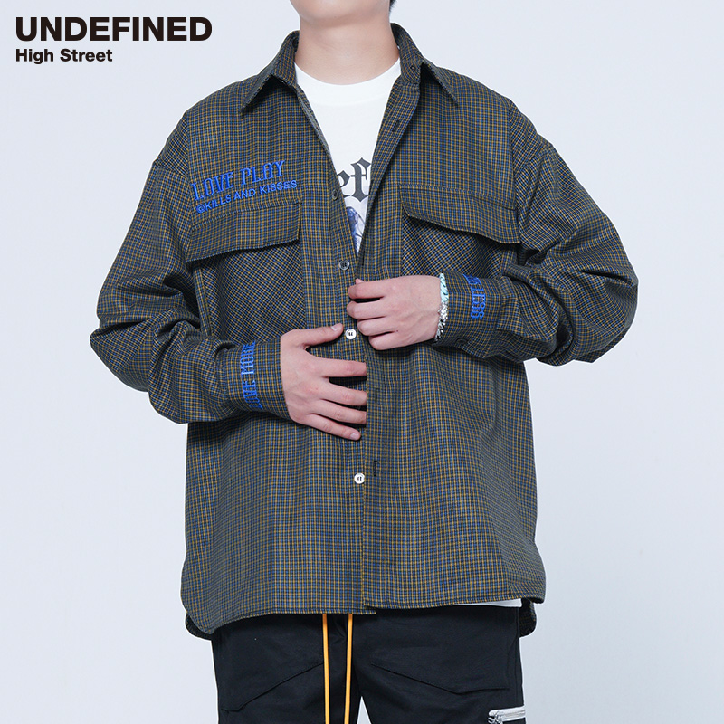 Undefined高街进口蓝黄混纺小千鸟格外套男衬衫刺绣宽松ins潮长袖