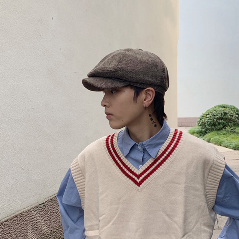 戴帽子贝雷帽男秋冬天英伦毛呢前进复古日系鸭舌帽帽子