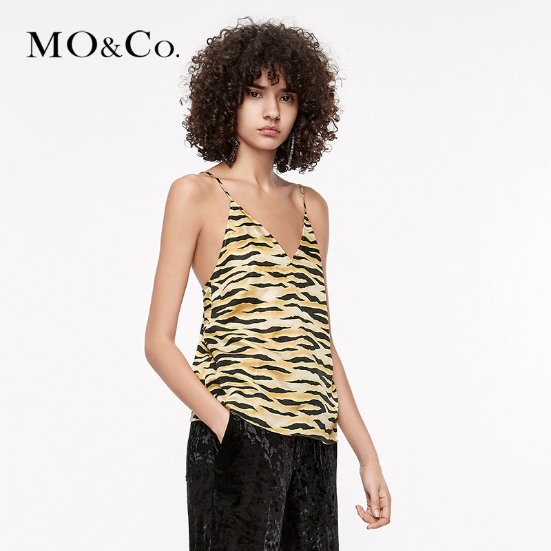 moco春夏新款领细肩带双色虎纹吊带背心摩安珂背心吊带