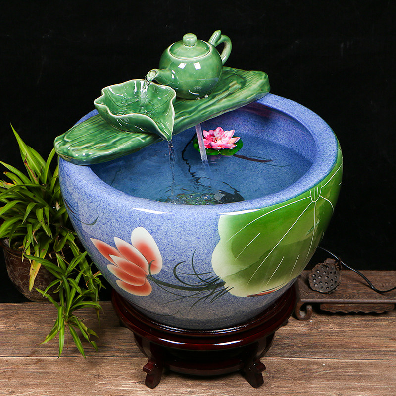 景德镇陶瓷鱼缸家用流水喷泉荷花大号养鱼锦鲤客厅桌面缸