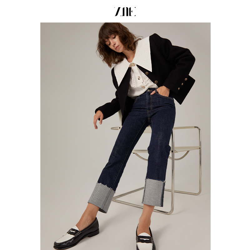 ZNEJeans复古高腰舒适深蓝色弹力修身显瘦翻边直筒牛仔裤女1120