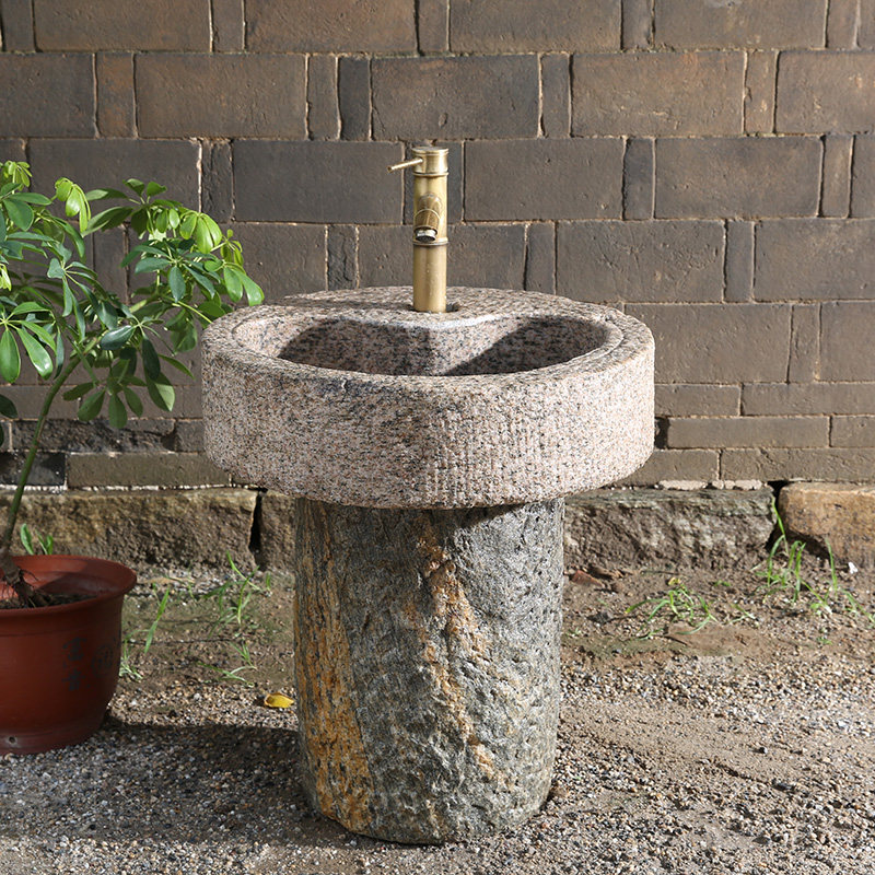 老旧石槽洗手盆圆形单孔立柱洗手石头户外庭院立柱盆
