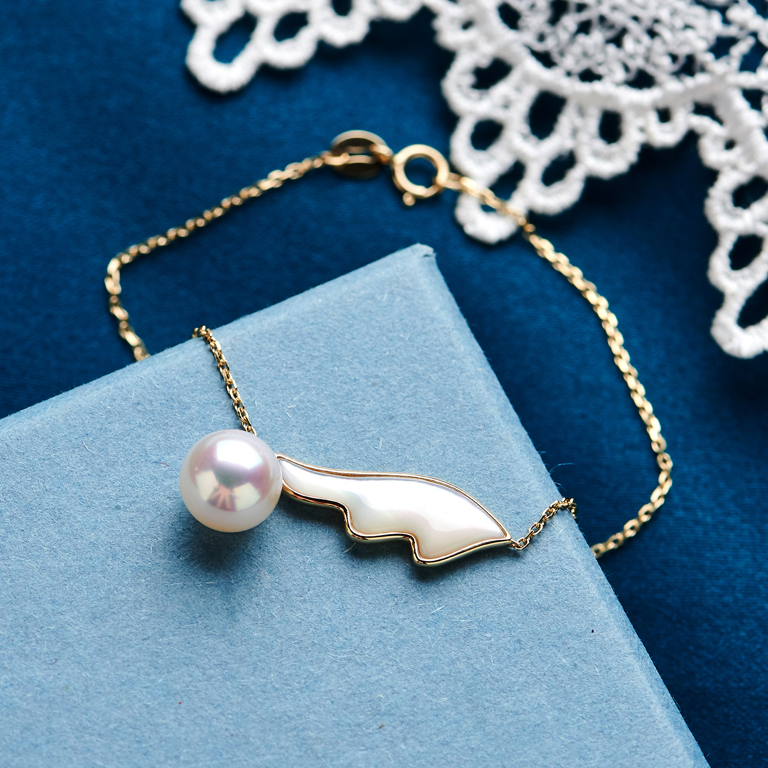 珍珠永妍日本天然akoya海水手链18k金白贝母手饰