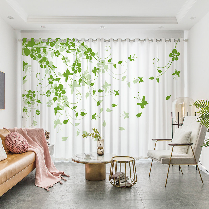 定制北欧小清新窗帘布纱帘现代简约绿色植物花朵自然卧室定制窗帘