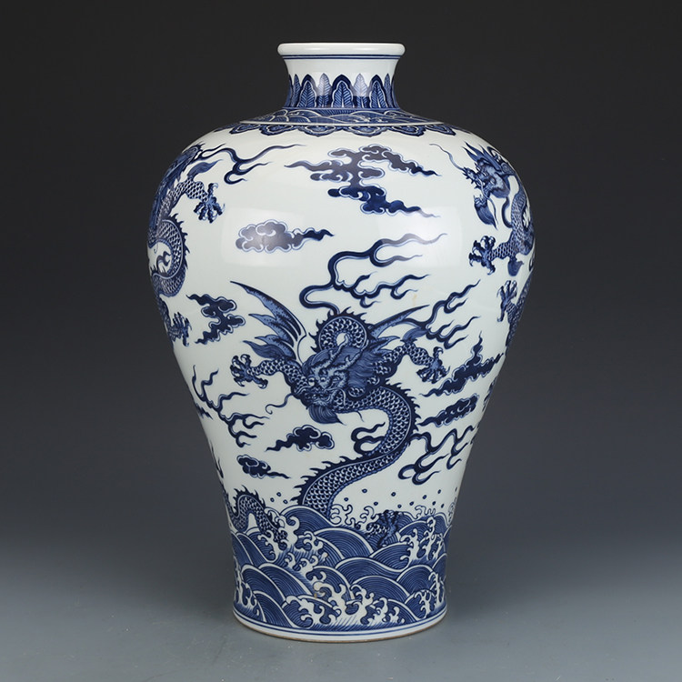 花瓶大清乾隆青花海水五龙纹梅瓶仿古瓷器古董花瓶