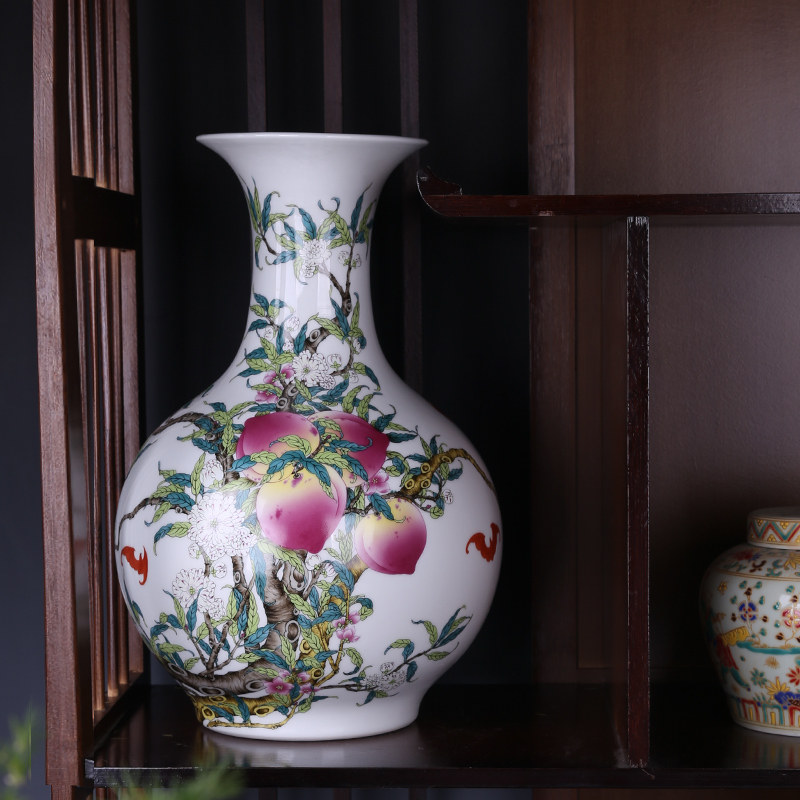 景德镇陶瓷器仿古瓷器粉彩花瓶九桃蝠纹瓶古董古玩花瓶