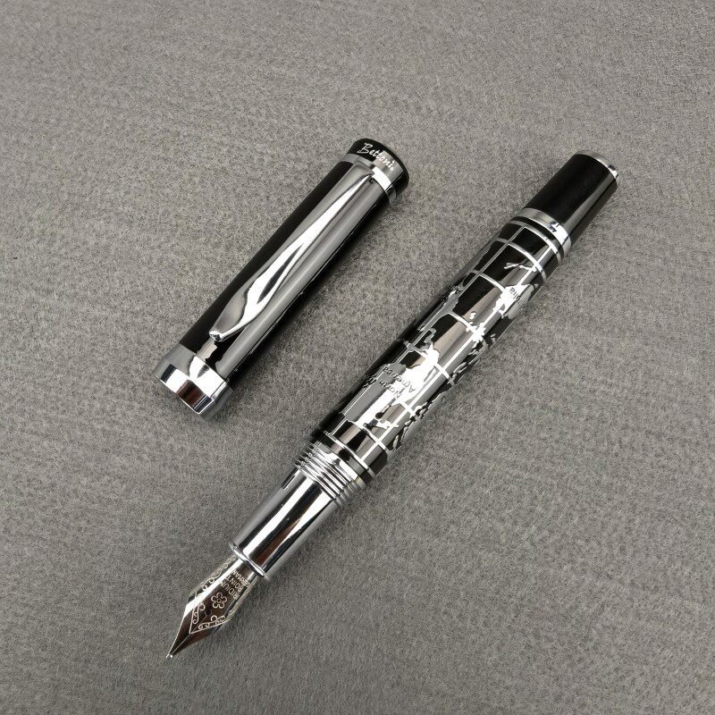 钢笔搭界金属世界地图镀银复古男士碳素墨水水笔钢笔