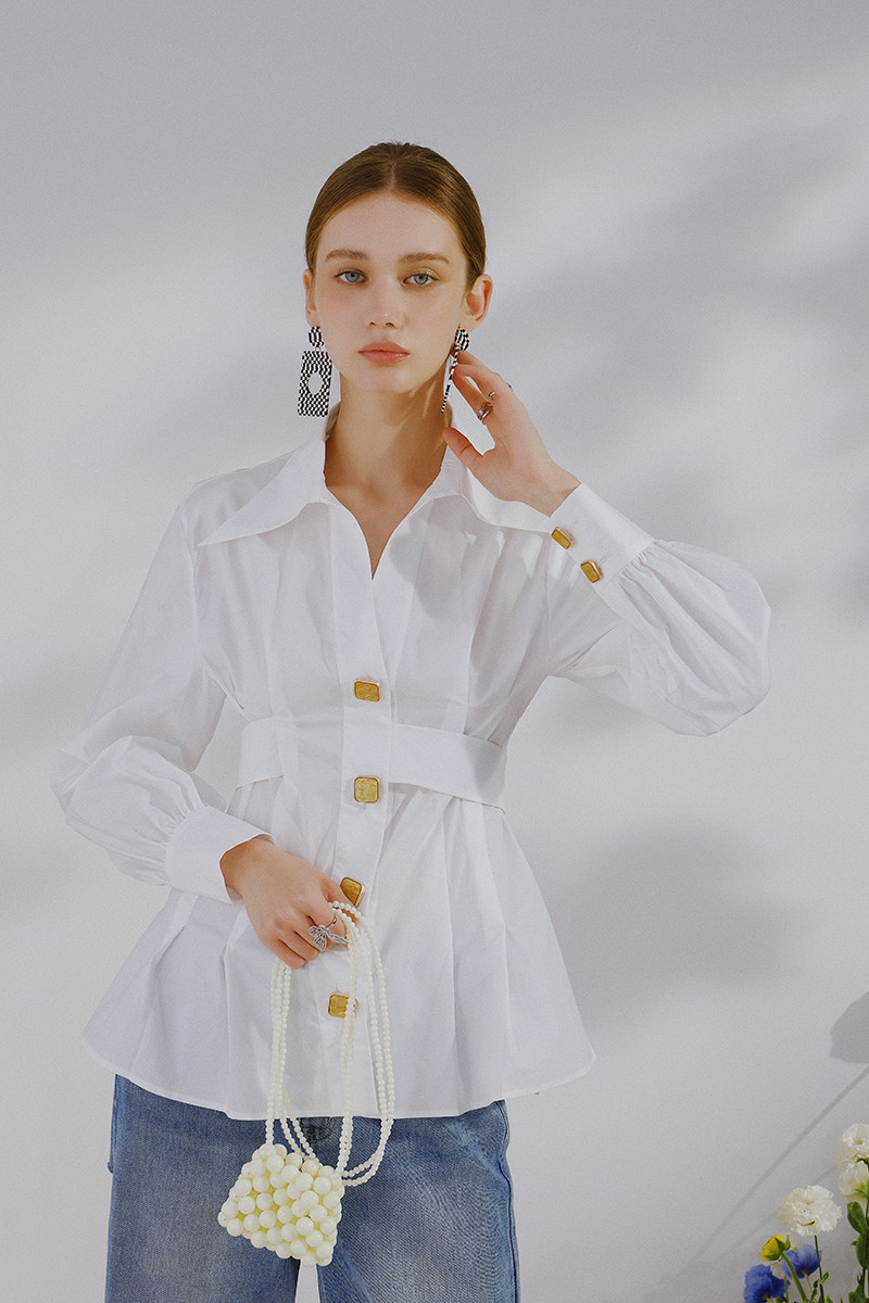 设计师iinhuii春夏新款白色收腰系带衬衫金属扣子衬衫