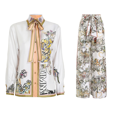 zimmermann2021早春新款时尚字母logo印花蝴蝶结系带衬衫碎花长裤