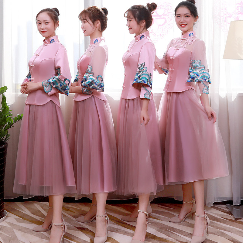 伴娘服2020新款粉色秀禾姐妹裙中国风伴娘团新娘中长款中式