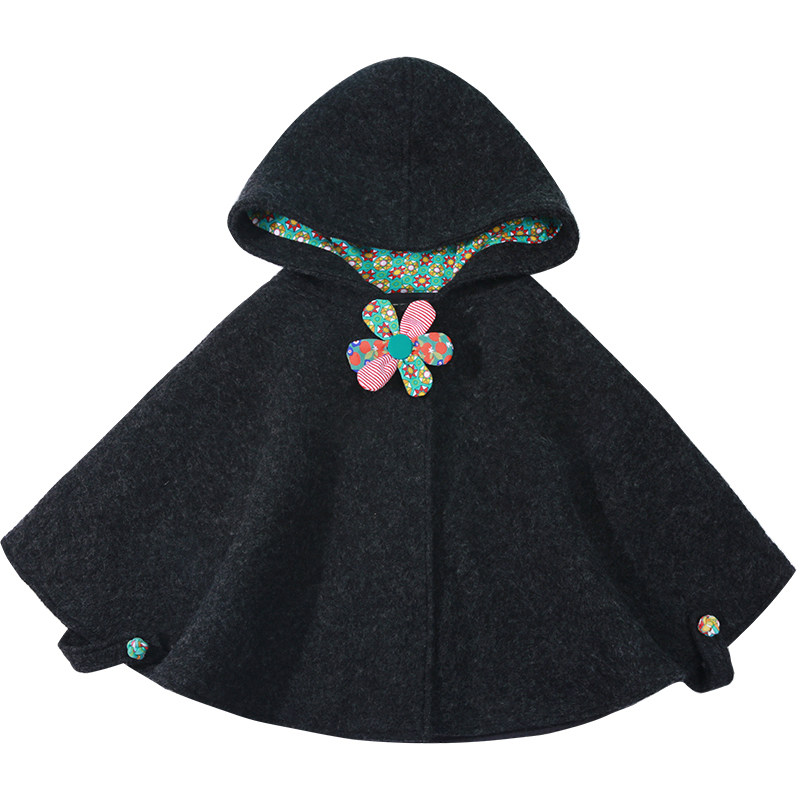 雅童小铺灰黑黑色女童纯羊羊毛手工花带披风冬季披风