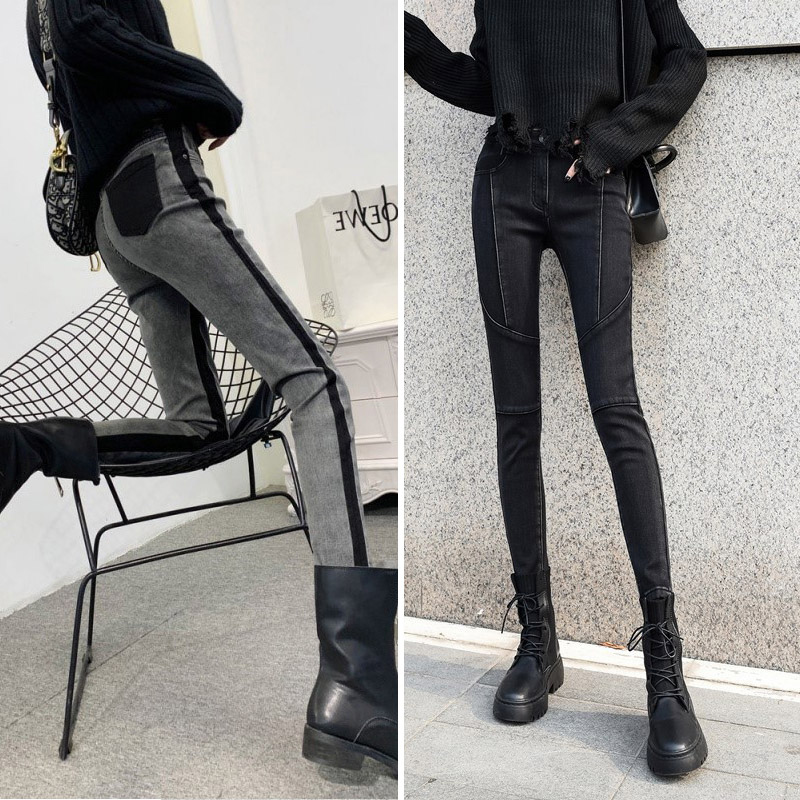 黑色牛仔裤女春秋2022年新款高腰显瘦时尚拼接紧身加绒小脚铅笔裤