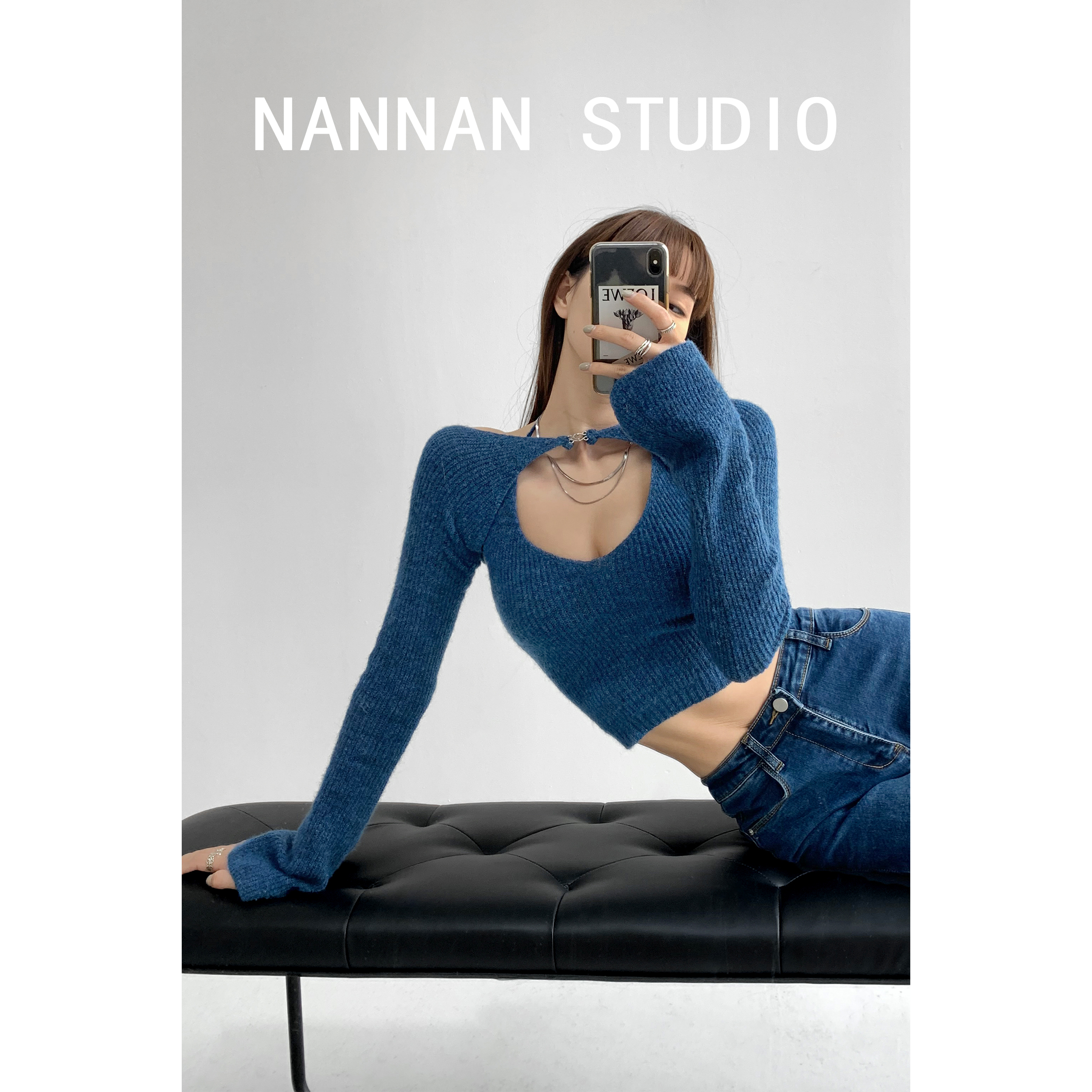 宋智雅纯欲辣妹设计感一字肩长袖坎肩罩衫叠穿挂脖针织吊带背心女