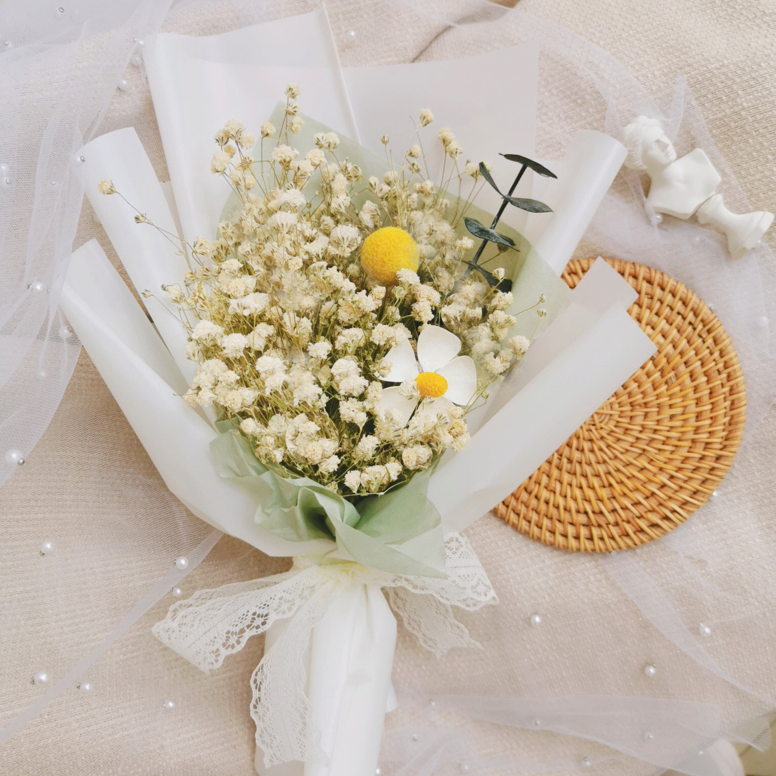 雏菊满天星棉花勿忘天然干花小花花束ins手提袋干花