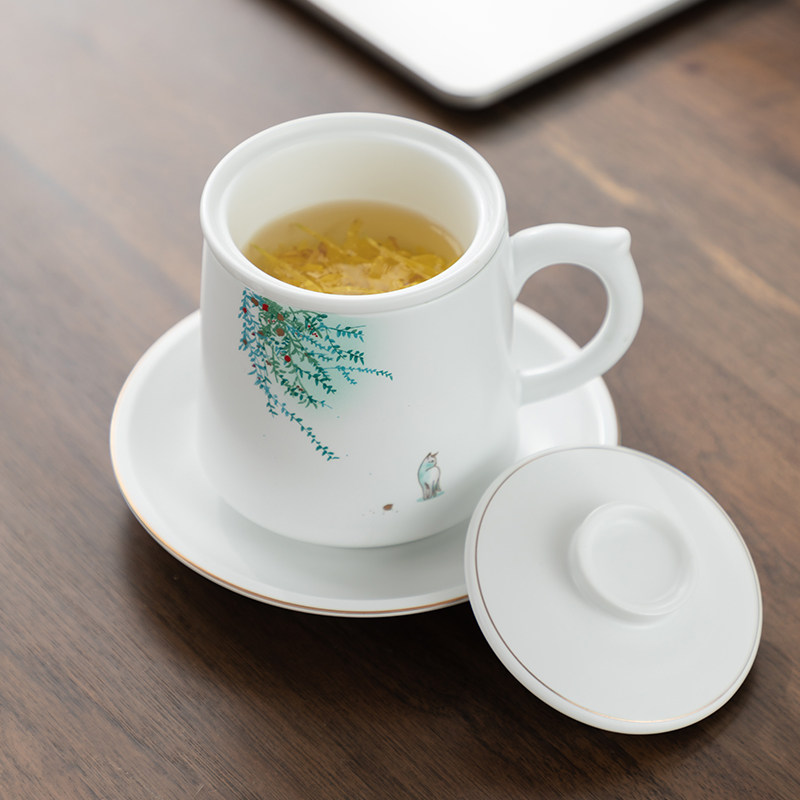 唐舍定窑泡茶杯陶瓷茶水分离杯子带盖过滤个人杯办公家用喝茶水杯