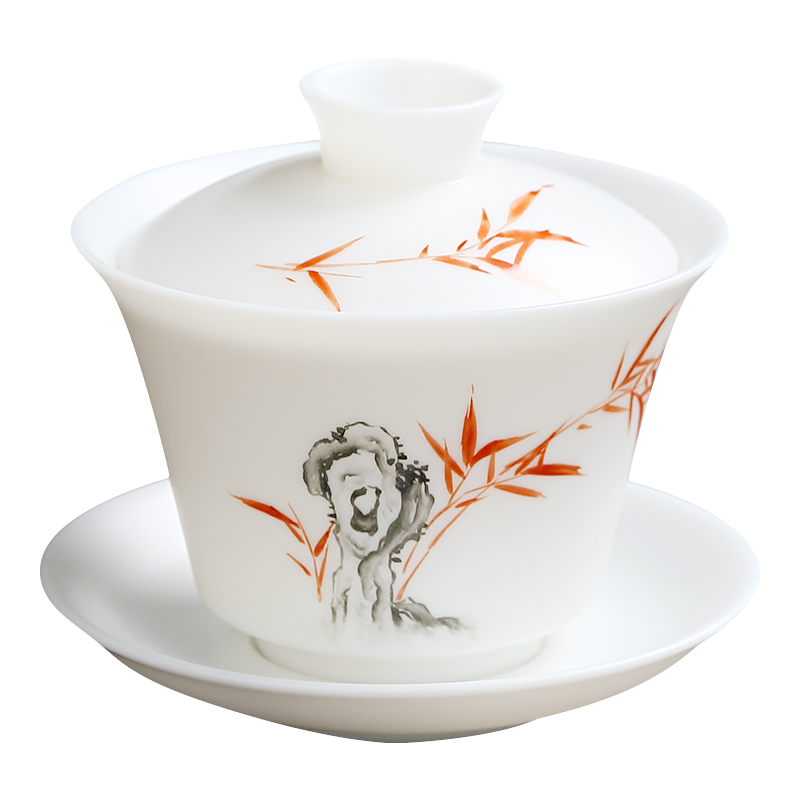 手绘泡茶陶瓷单个茶杯盖碗茶盖碗三才玉瓷君子如竹盖碗