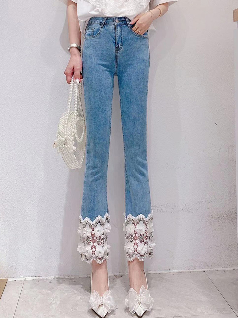 甜美重工钉珠蕾丝镂空牛仔裤2021新款高腰弹力牛仔裤