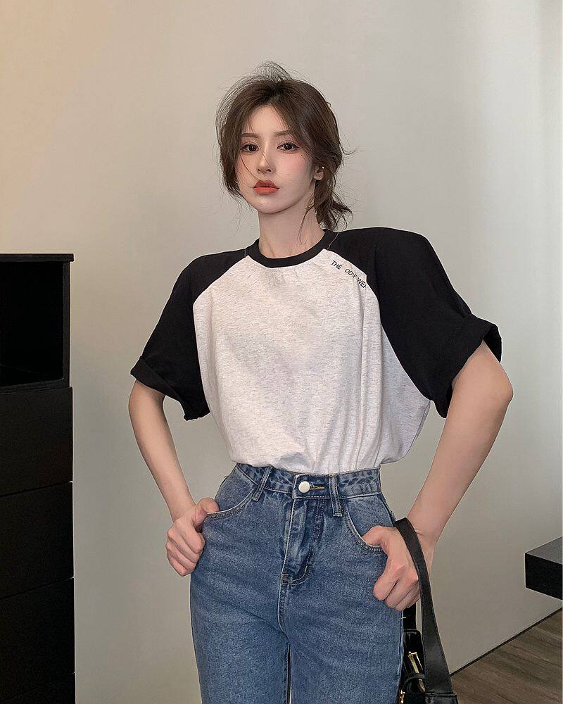 早秋新款港风复古简约字母t恤插肩袖宽松圆领短袖ins阔版上衣女潮