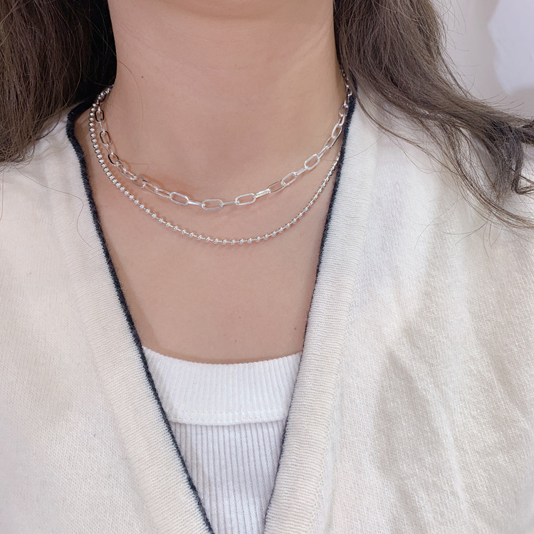 韩国东大门银亮别针重工实心银珠双层ins项链项链