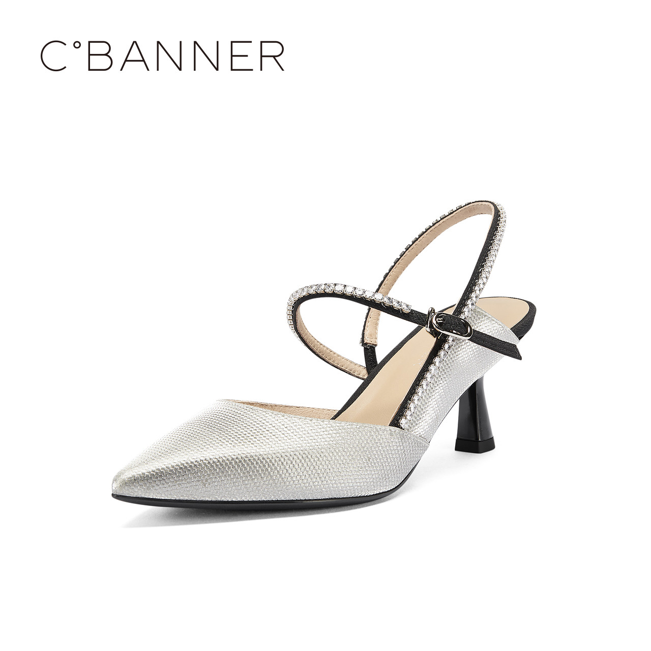 千百度女鞋银色性感小中跟鞋夏季新款侧空尖头时装凉鞋