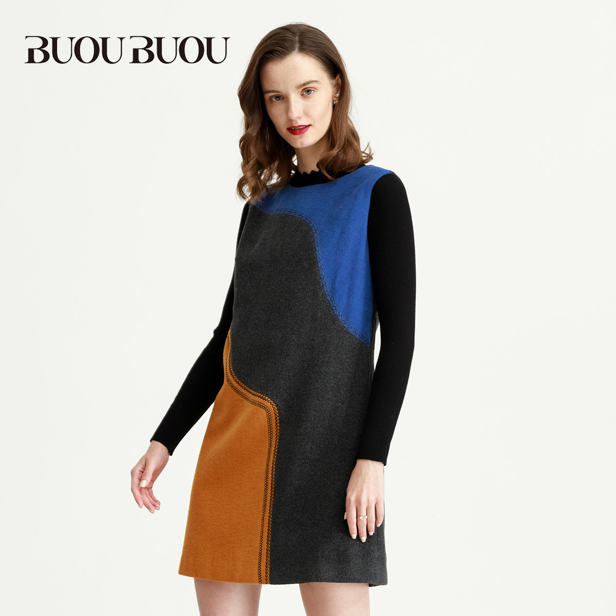 buoubuou女装奥莱拼接高腰无袖优雅显瘦连衣裙bc4g060连衣裙