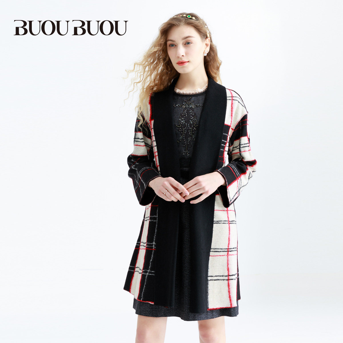 buou奥莱女装格子拼接线条中长毛呢毛呢外套