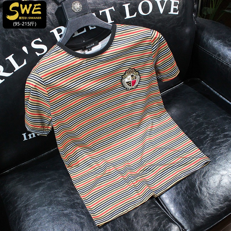 条纹丝光棉T恤男韩版修身刺绣打底衫个性潮流短袖男夏季显瘦体恤