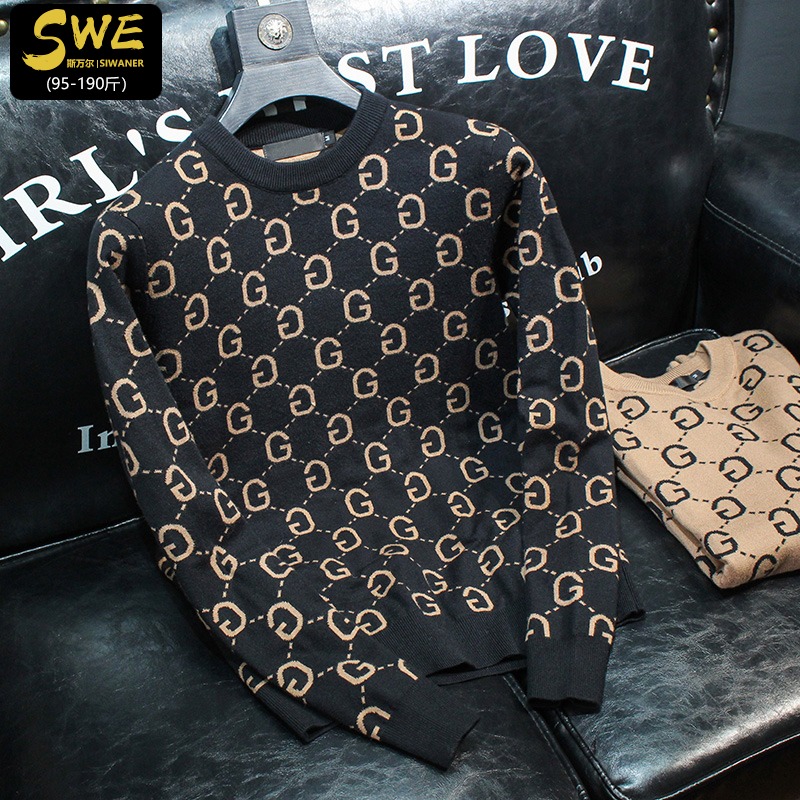 男士秋冬季毛衣新款潮流时尚个性圆领套头长袖字母羊毛针织衫男装