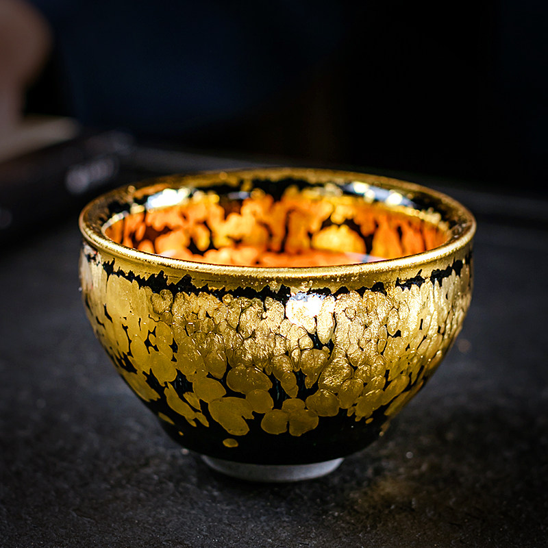 手工金油滴建盏铁胎黄金天目茶盏鎏金陶瓷主人杯金盏茶杯单个礼盒