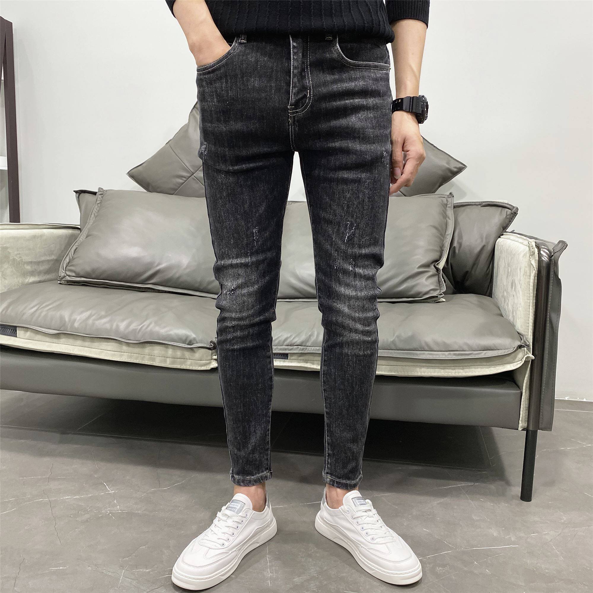 秋季新款黑灰灰色舒适弹力男士牛仔裤潮流修身牛仔裤