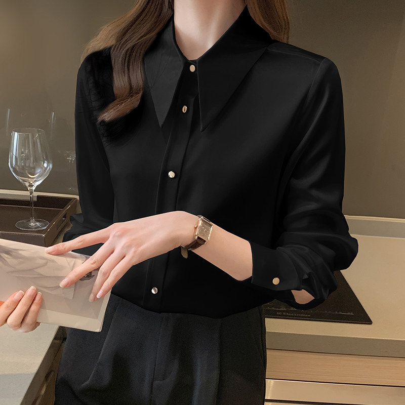 正品哥弟新款2022秋季气质翻领职业装衬衣真丝白衬衫女长袖上衣