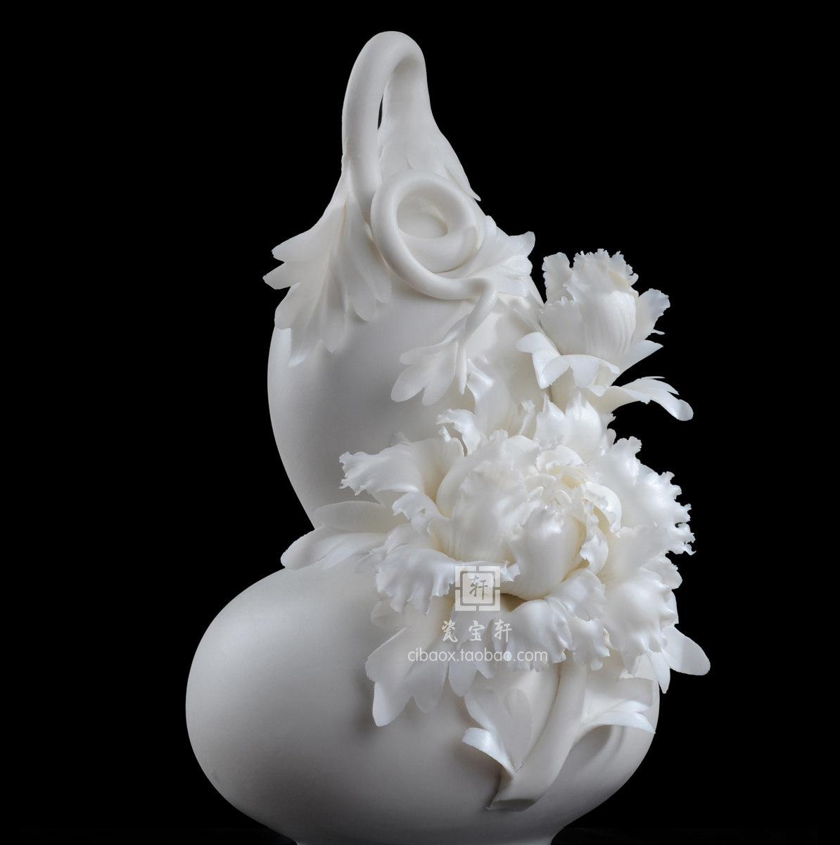 福满乾坤德化白瓷手工葫芦牡丹瓷花家居办公装饰摆件