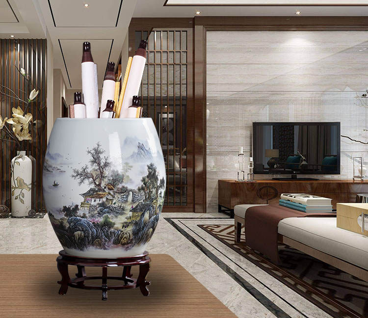 景德镇陶瓷书画缸大号书画筒卷轴缸客厅书房字画收纳摆件粉彩山水