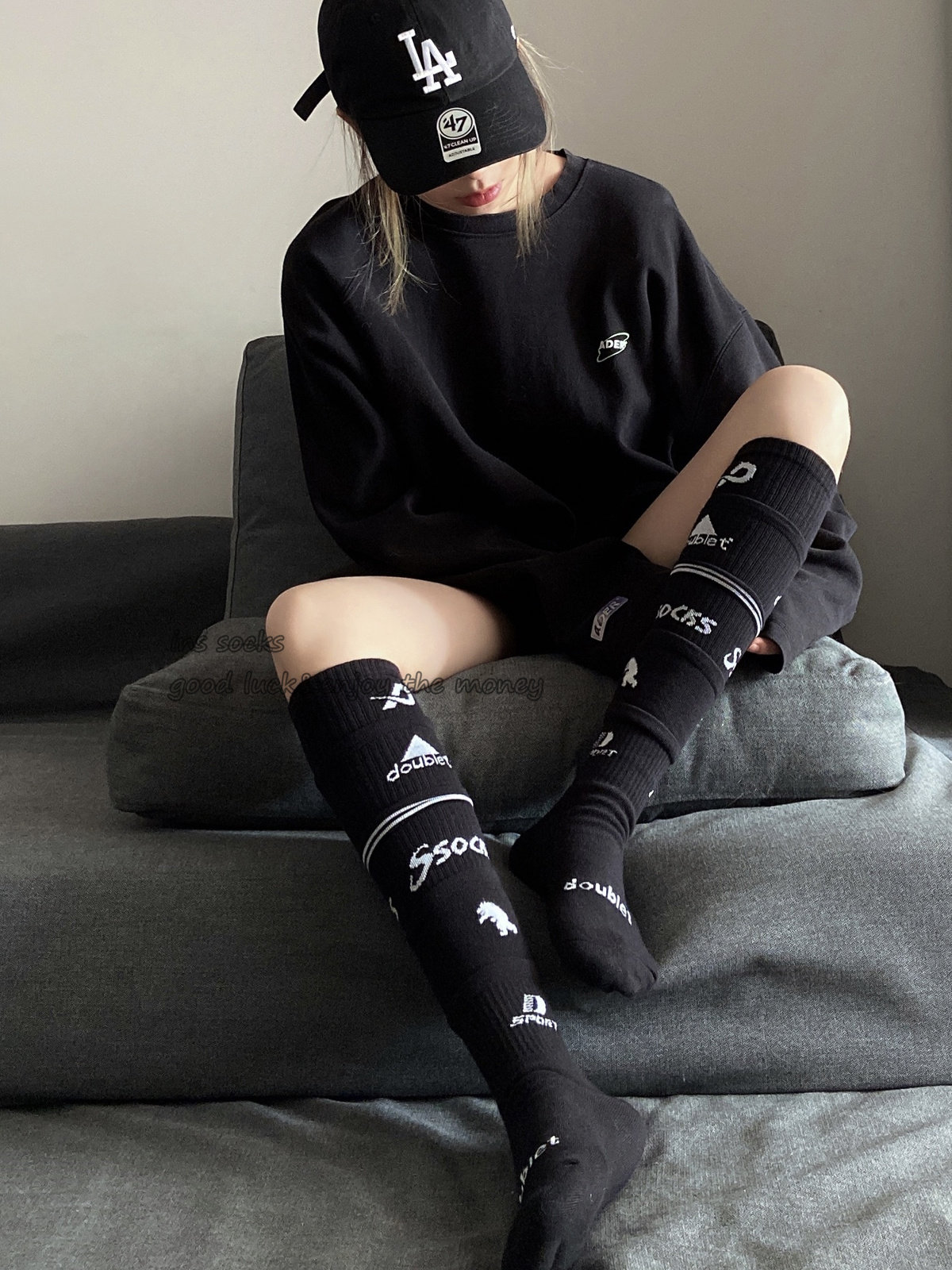 现货doublet多层袜口设计纯棉运动ins小腿男女长筒袜