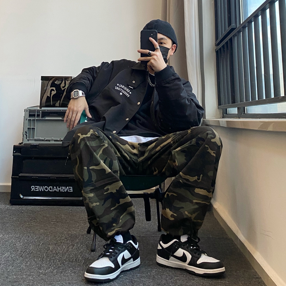 小众美式复古潮牌迷彩工装裤男春秋宽松直筒高街嘻哈ins阔腿裤子