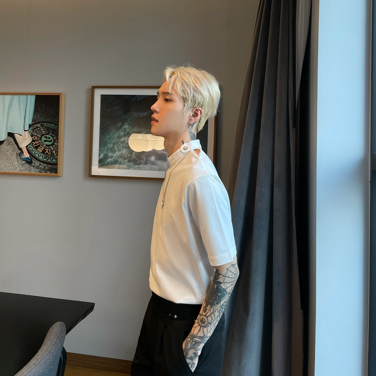 子上男装 夏季2022新款韩版立领小众设计ins半高领短袖T恤男ins潮