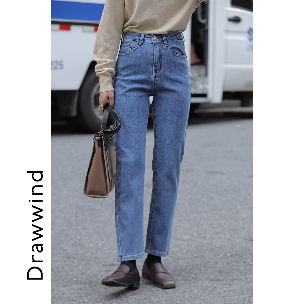 画风家drawwind复古蓝色直筒牛仔裤秋季高腰九分chic牛仔裤