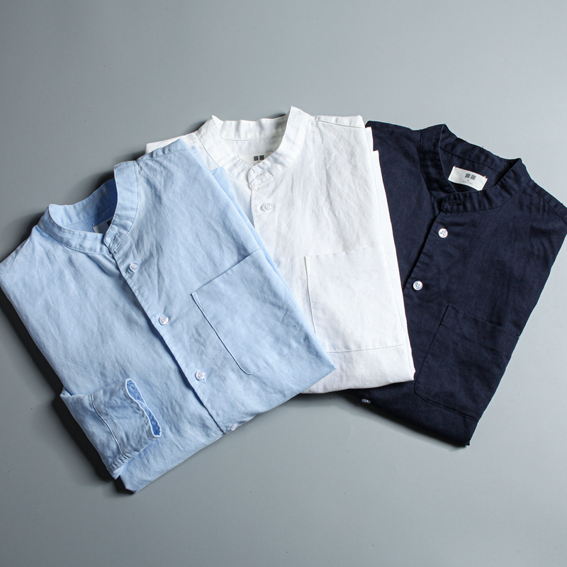 天然亚麻透气 夏季男士薄款纯色中式小立领休闲长袖麻衬衫 男衬衣