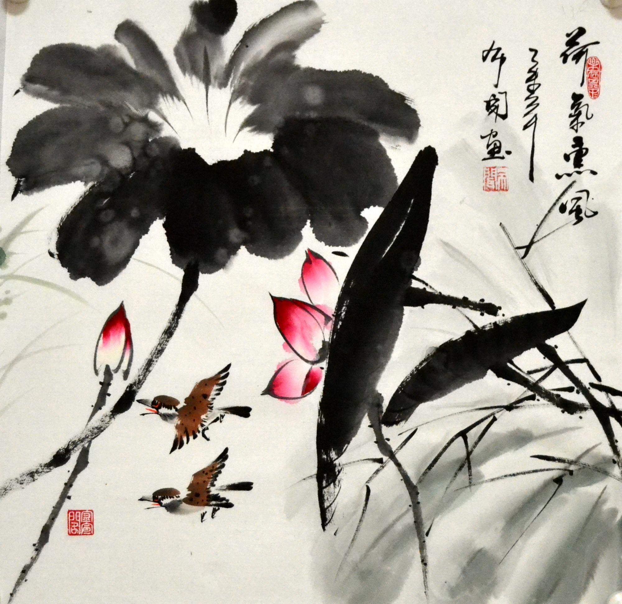 水墨荷花国画花鸟画字画三尺斗方手绘原稿布闻国画