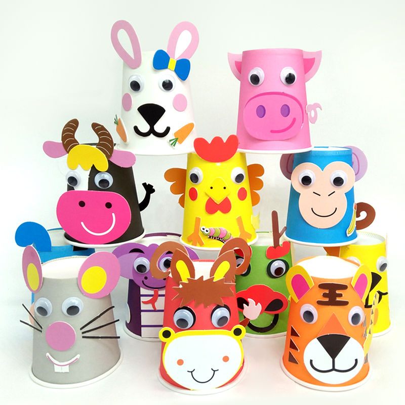 十二生肖小动物彩色纸杯劳作画diy幼儿园贴画儿童手工制作材料包