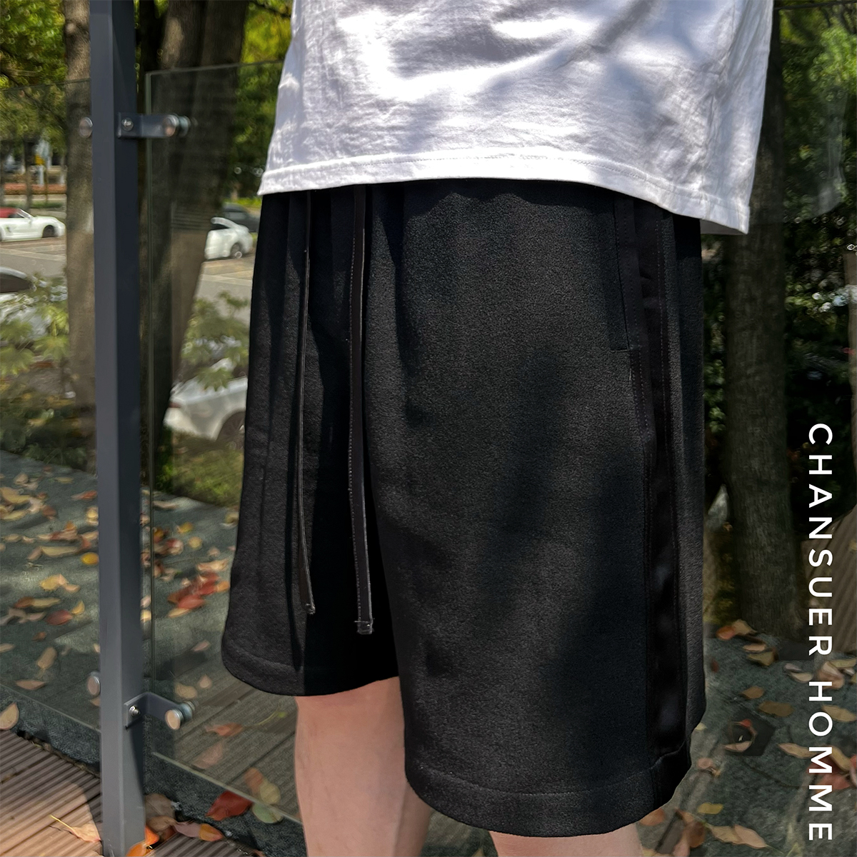 CHANSUER新体验澳洲羊毛透气抗皱休闲短裤飘逸廓形醋酸拼接裤子男