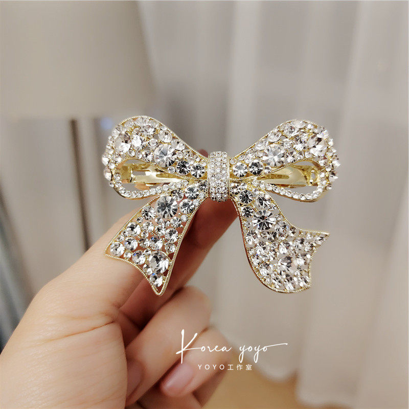 新款韩国闪亮水钻网红红顶发卡头饰弹簧蝴蝶发饰