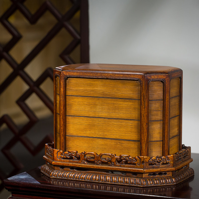 清代黄花梨嵌竹丝须弥座八角盖盒老物件文玩古董收藏老红木文房盒