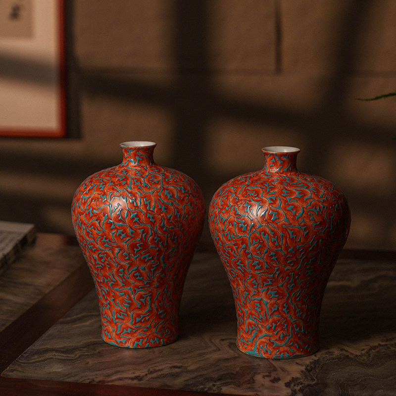 清代矾红万福纹梅瓶一对文玩古董收藏瓷器艺术品装饰摆件