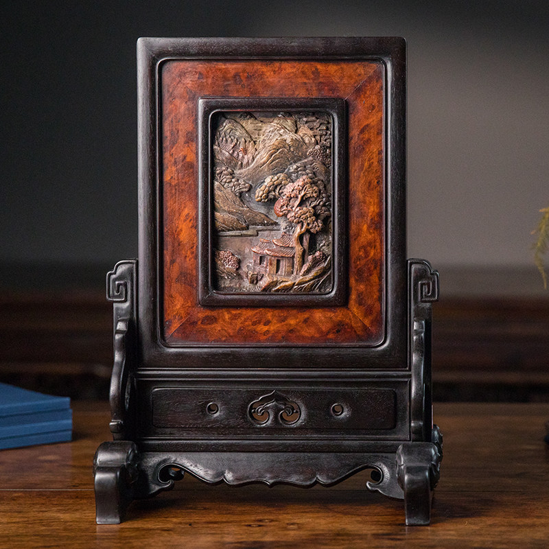 插屏清代红木镶瘿木高浮雕山水文玩古董收藏艺术摆件
