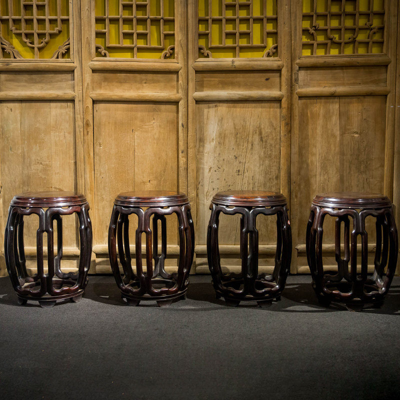 清代红木镶瘿木面绳纹鼓凳一堂四只明清家具摆件