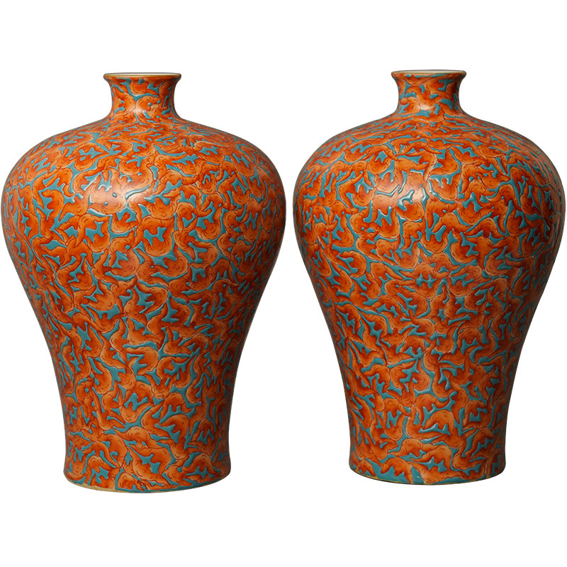 清代矾红万福纹梅瓶一对文玩古董收藏瓷器艺术品装饰摆件